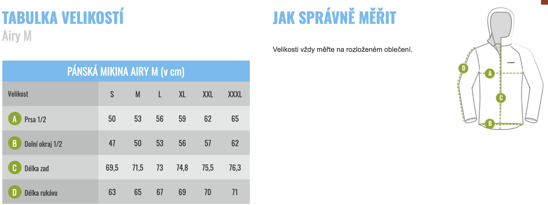 velikostni tabulka panske mikiny Husky Airy